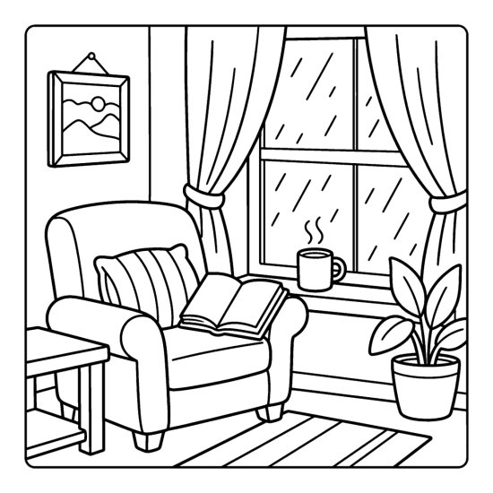 A cozy armchair by a rain streaked window with an open book and mug, coloring page
