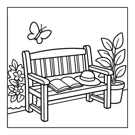 A park bench with an open book and a sunhat with a butterfly above, coloring sheet