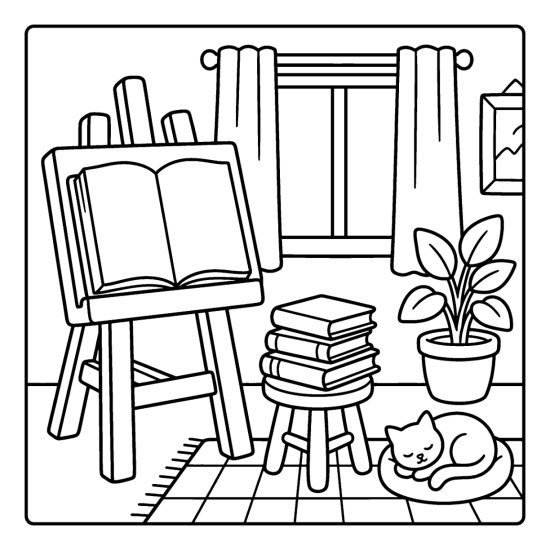 A wooden easel holding an open book with a book stack on a stool, coloring page