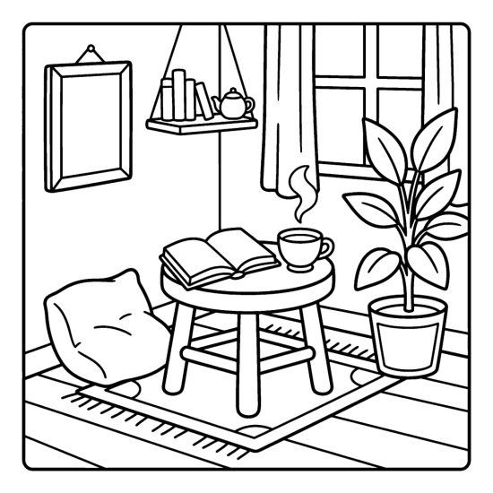 A round stool with an open book and a teacup beside a leafy plant, coloring sheet