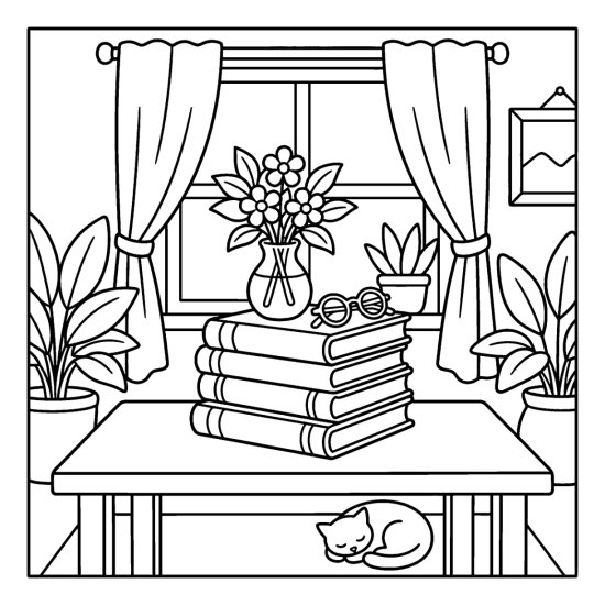 A stack of books topped with a flower vase and reading glasses, coloring page