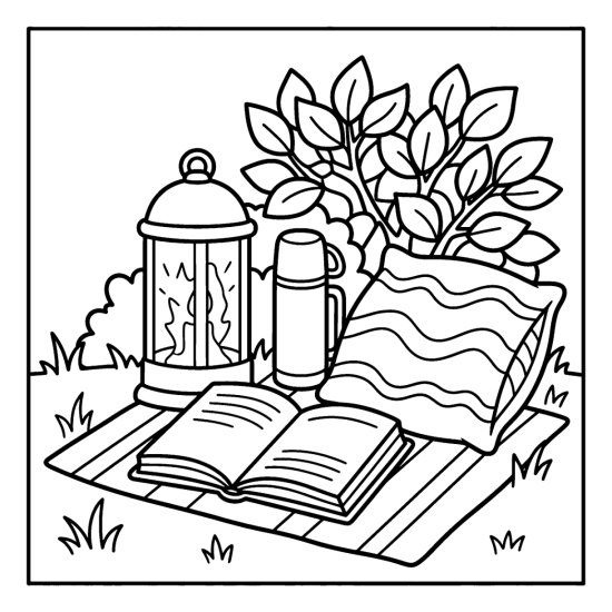 An open book on a blanket beside a glowing lantern and a thermos, coloring page