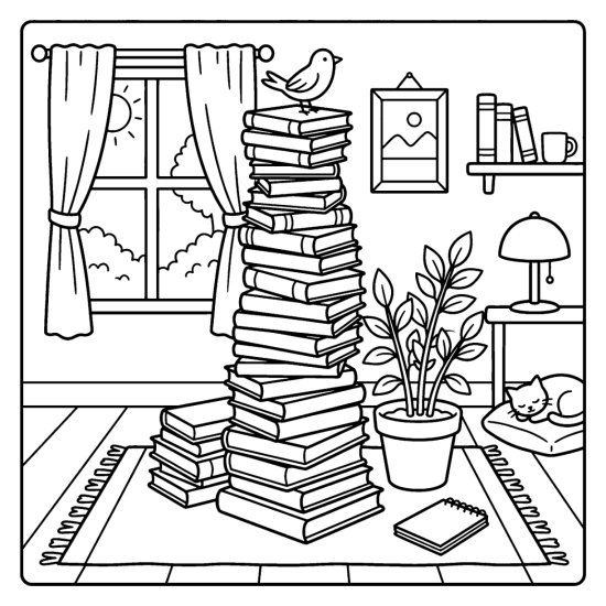 A tall spiral tower of stacked books with a bird perched on top, coloring sheet