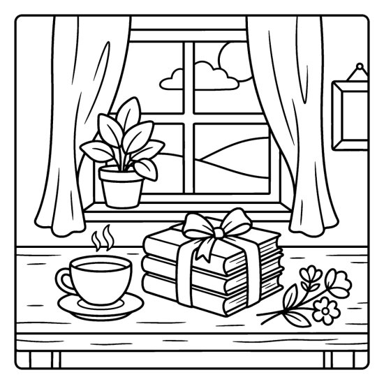A bundle of books tied with a ribbon bow beside a teacup and flowers, coloring page