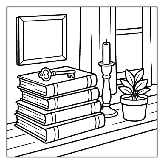 A stack of old hardcover books with a brass key on top and a candlestick, coloring sheet