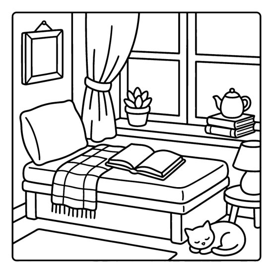 A cushioned window seat with an open book, a curtain and a plant on the sill, coloring page