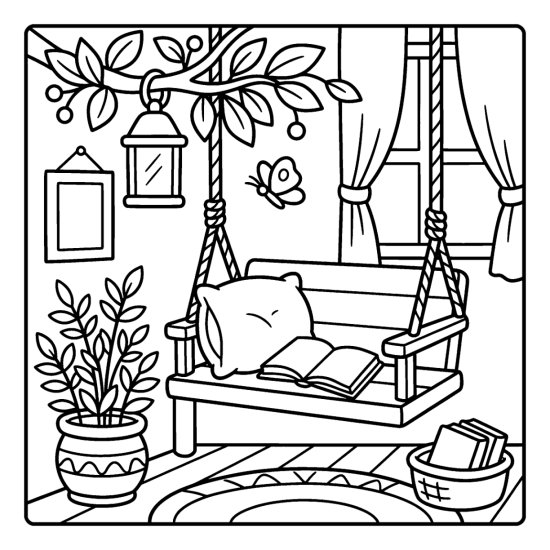 A hanging porch swing with a cushion and an open book under a lantern, coloring page
