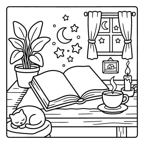 An open book with stars and a crescent moon drifting from the pages, coloring sheet
