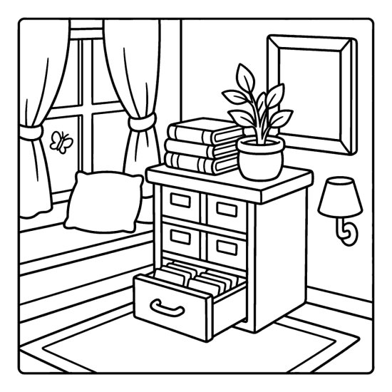 A card catalog cabinet with an open drawer and a book stack on top, coloring sheet