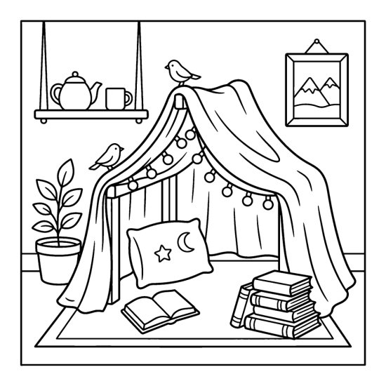 A blanket reading den with string lights over an open book and cushion, coloring page