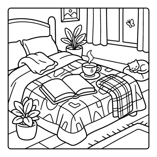 An open book and a teacup on a quilted bed with a folded blanket, coloring sheet