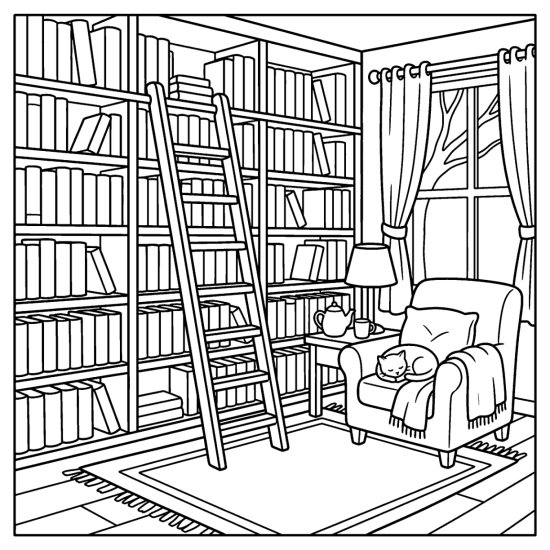 Tall library bookshelves with a rolling ladder and a cozy armchair below, coloring sheet