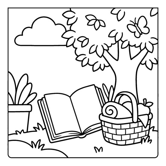 An open book against a tree trunk with a picnic basket and a butterfly, coloring page