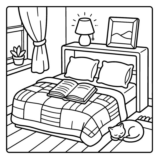 An open book on a quilted bed with a headboard shelf and a small lamp, coloring sheet