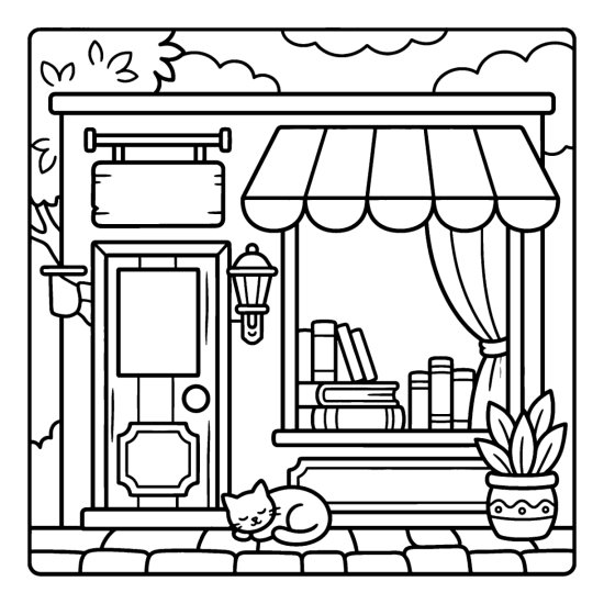 A corner bookshop with a striped awning and a window display of books, coloring page