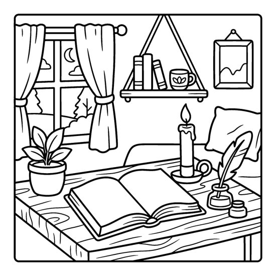 An open book on a desk lit by a candle with a quill in an inkpot, coloring sheet