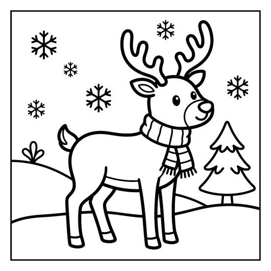 A cute reindeer with big antlers and a scarf standing in a snowy field by a pine, coloring page
