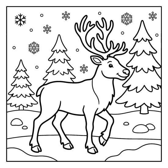A cute reindeer with big antlers walking a snowy forest path among three pine trees, bold and easy