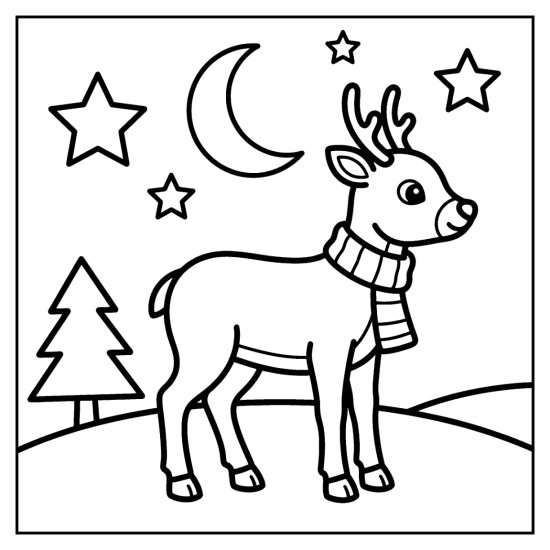 A cute reindeer with a scarf on a snowy hill under a crescent moon and stars by a pine, coloring sheet