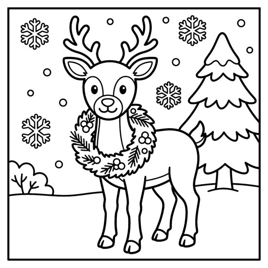 A cute reindeer wearing a round wreath around its neck standing in the snow by a pine, bold and easy