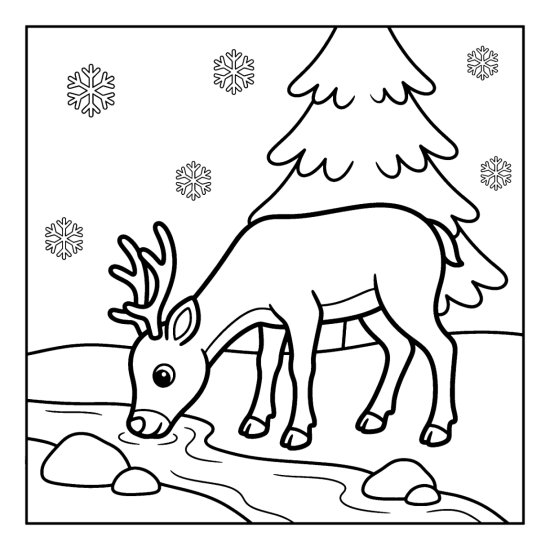 A cute reindeer lowering its head to a snowy stream with rocks and a pine, bold and easy