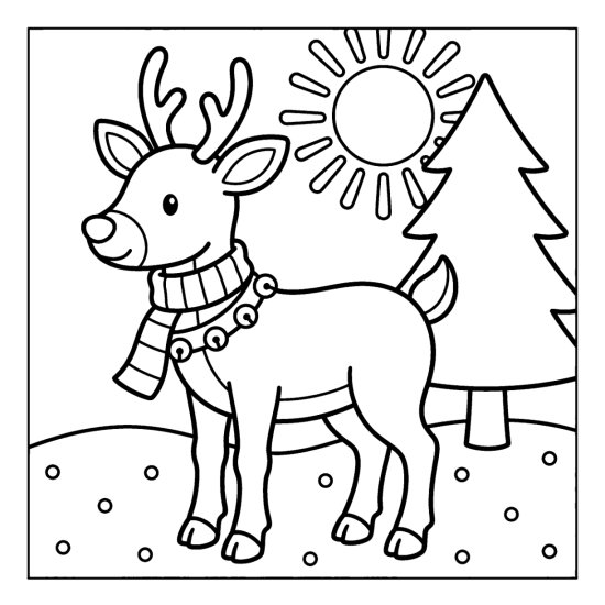 A cute reindeer with a scarf and a collar of jingle bells in a field by a pine, coloring page