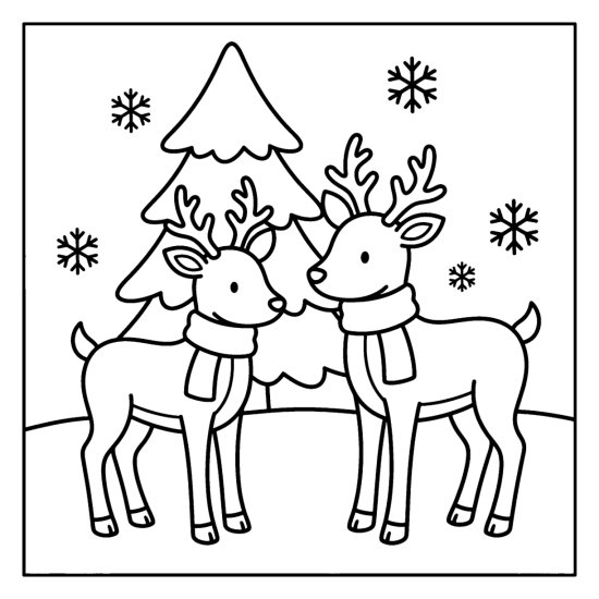 Two cute reindeer with antlers and scarves standing side by side by a pine with snowflakes, bold and easy
