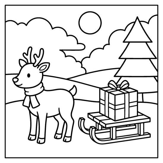 A cute reindeer with a scarf beside a small wooden sled loaded with a gift by a pine, bold and easy