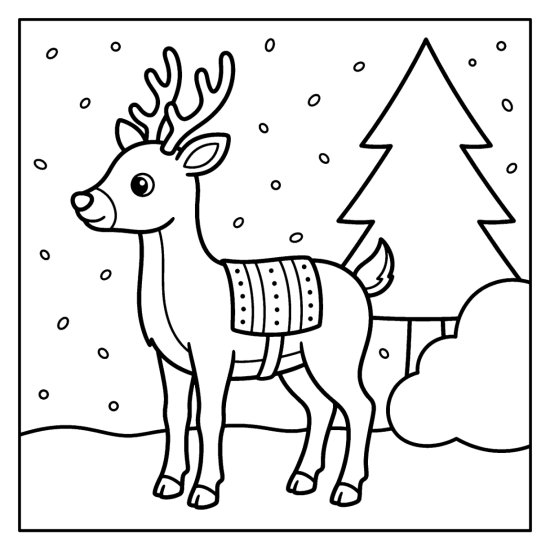 A cute reindeer with a patterned blanket on its back standing in the snow by a pine, coloring sheet
