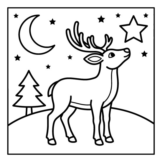 A cute reindeer looking up at a big star on a snowy hill with a moon and pine, bold and easy