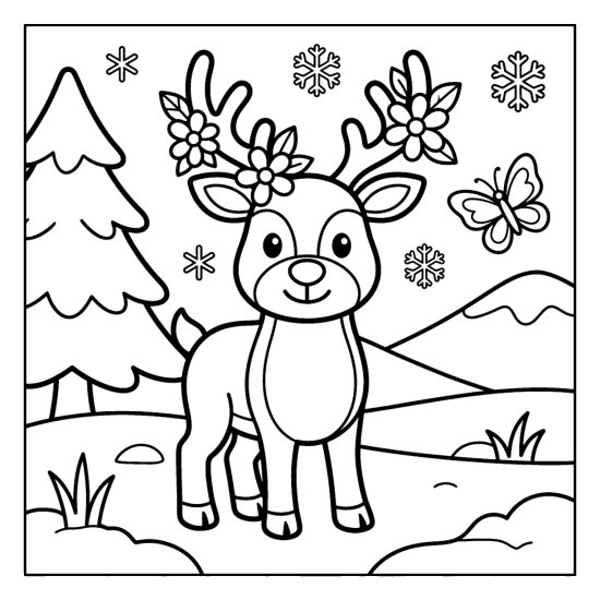 A cute reindeer with large flowers in its antlers in a meadow with a butterfly and pine, bold and easy