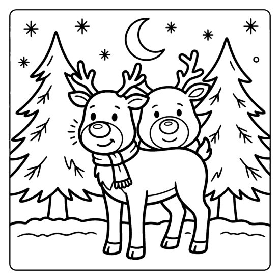 Two cute reindeer with scarves standing among pine trees under a crescent moon and stars, bold and easy
