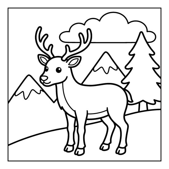 A cute reindeer with big antlers on a snowy mountain slope with two peaks and a pine, coloring page