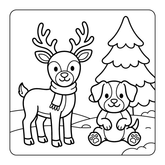 A cute reindeer with a scarf beside a cute sitting dog in the snow by a pine, bold and easy