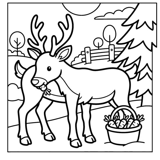 A cute reindeer eating from a basket of carrots in the snow by a fence and pine, bold and easy