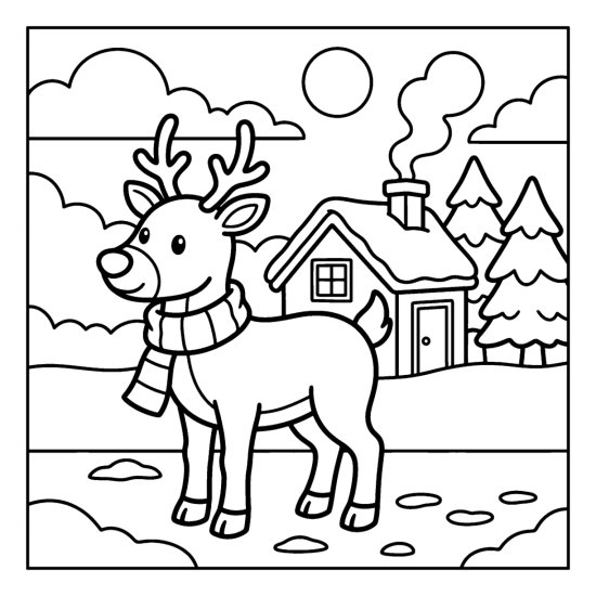 A cute reindeer with a scarf in front of a cozy cabin with a smoking chimney and pines, coloring sheet