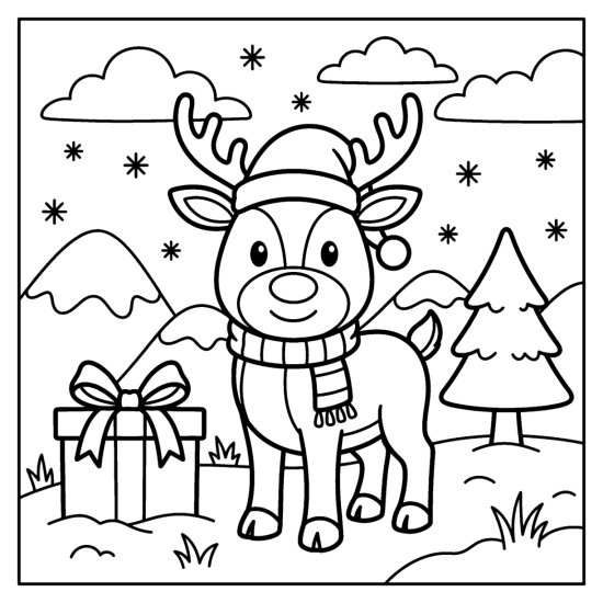 A cute reindeer wearing a santa hat and scarf with a wrapped gift and pine, bold and easy