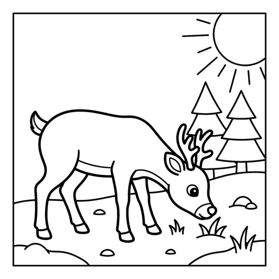A cute reindeer grazing on tufts of grass through the snow with pines and a sun, bold and easy