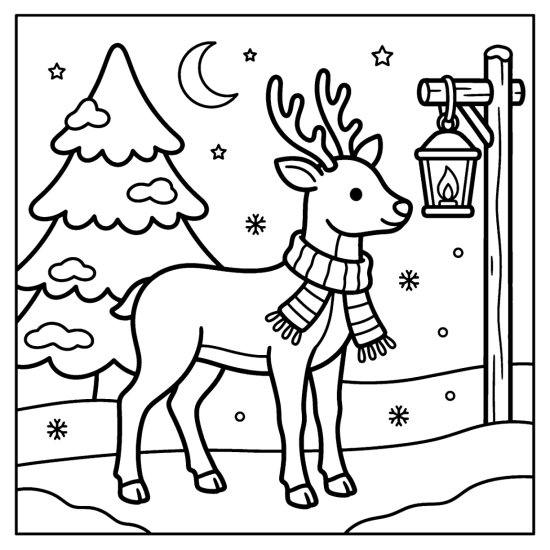 A cute reindeer with a scarf on a snowy path beside a glowing lantern on a post, coloring page