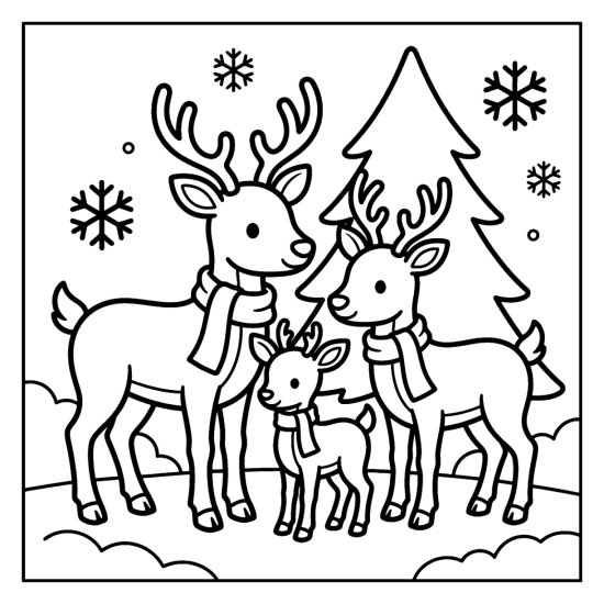 Three cute reindeer of different sizes with scarves standing together by a pine, bold and easy