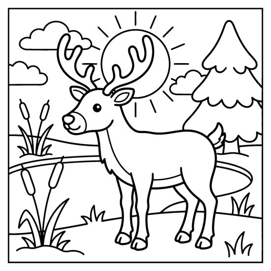 A cute reindeer at the edge of a frozen pond with cattails, a pine and a sun, bold and easy