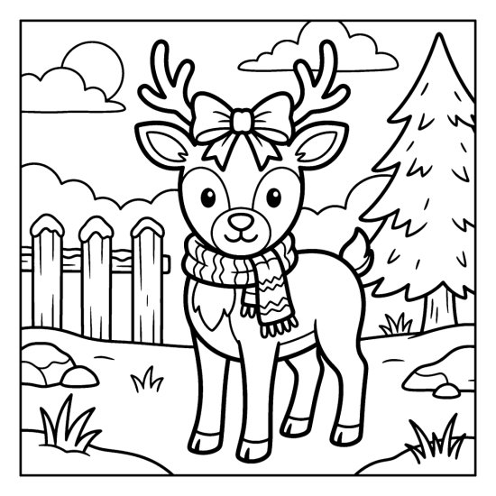A cute reindeer with a big bow between its antlers by a fence and pine in the snow, coloring sheet