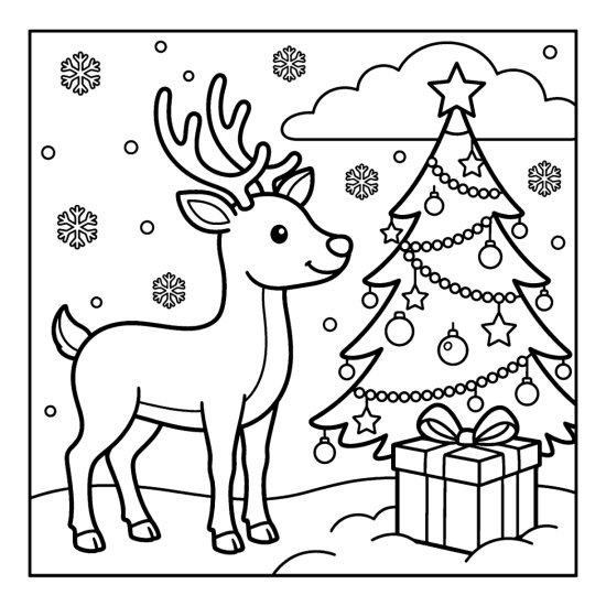 A cute reindeer standing beside a decorated pine tree with ornaments and a wrapped gift, bold and easy