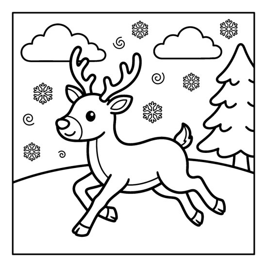 A cute reindeer running across a snowy hill with a pine, clouds and swirling snow, bold and easy