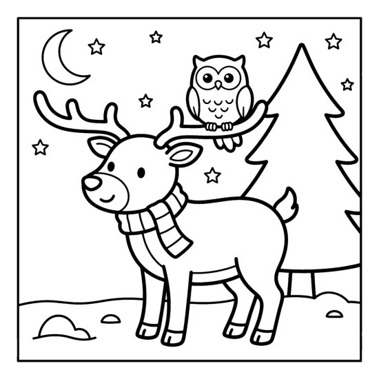 A cute reindeer with a scarf and an owl perched on its antler under a moon and stars, bold and easy
