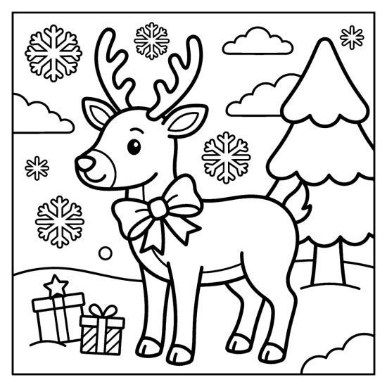 A cute reindeer with a large bow at its neck beside two wrapped gifts and a pine, coloring page