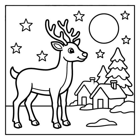 A cute reindeer at the edge of a snowy village with two houses under a big moon, bold and easy