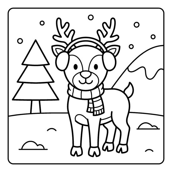A cute reindeer wearing earmuffs and a scarf in a snowy field by a pine and hill, bold and easy