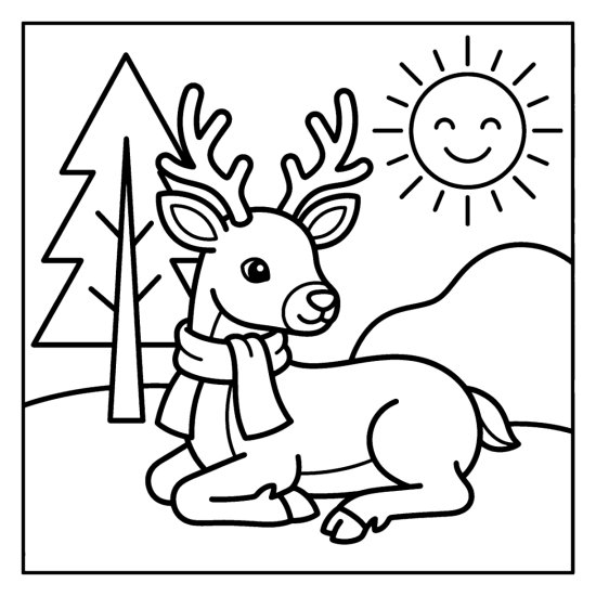 A cute reindeer with a scarf resting on the snow with folded legs by a pine and sun, coloring sheet