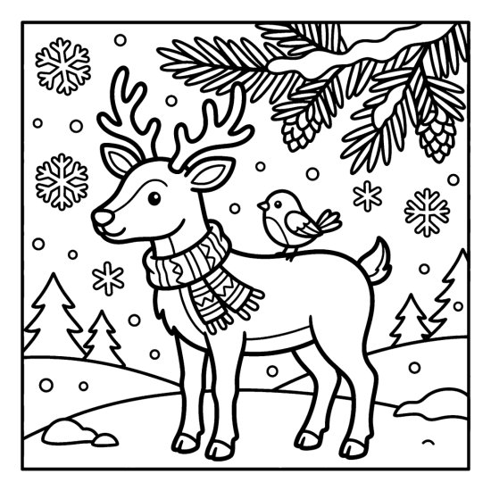 A cute reindeer with a scarf and a small bird perched on its back below a snowy branch, bold and easy